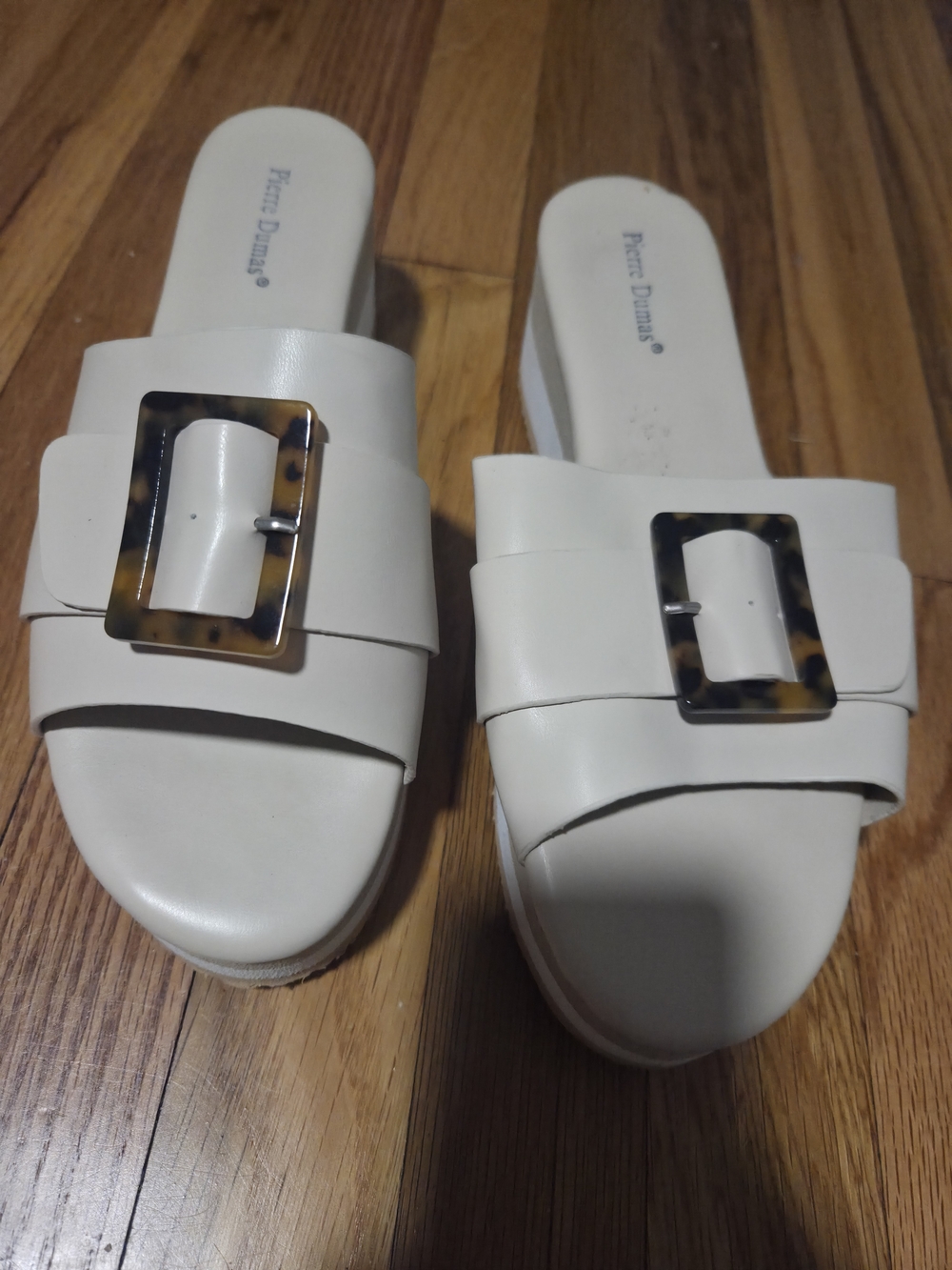 Pierre Dumas Cream Slide Mules with Tortoise Buckle